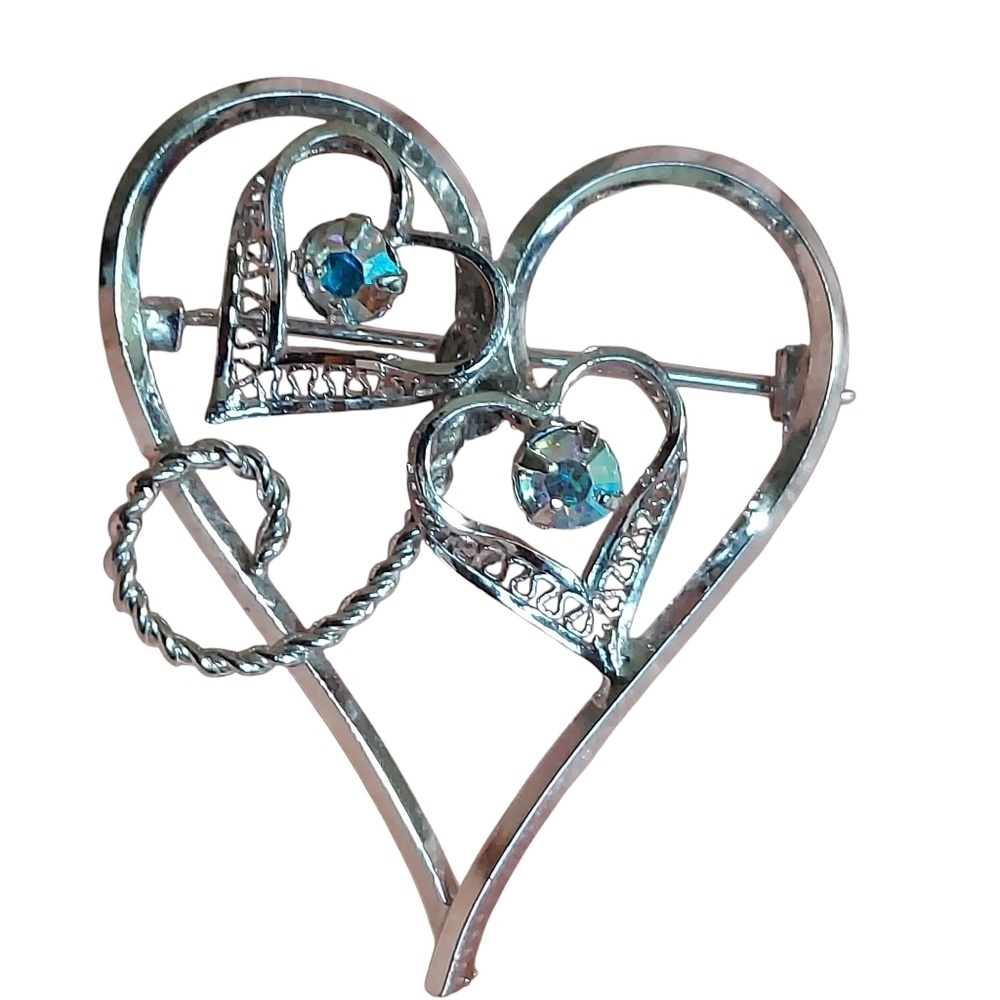 Vintage Sterling Silver Aurora Borealis Filigree Heart Brooch Pin
